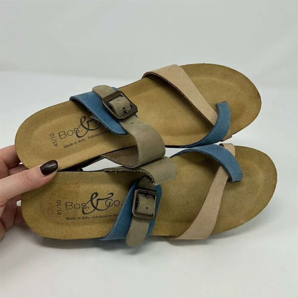 Bos & Co. Womens Blue Tan Slip On Wedge Thong Sandals Size 10 Made in Italy
